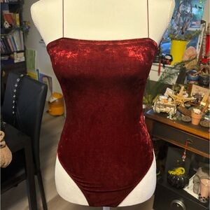 Garage Crushed Velvet Red Wine Spaghetti Strap Body Suit